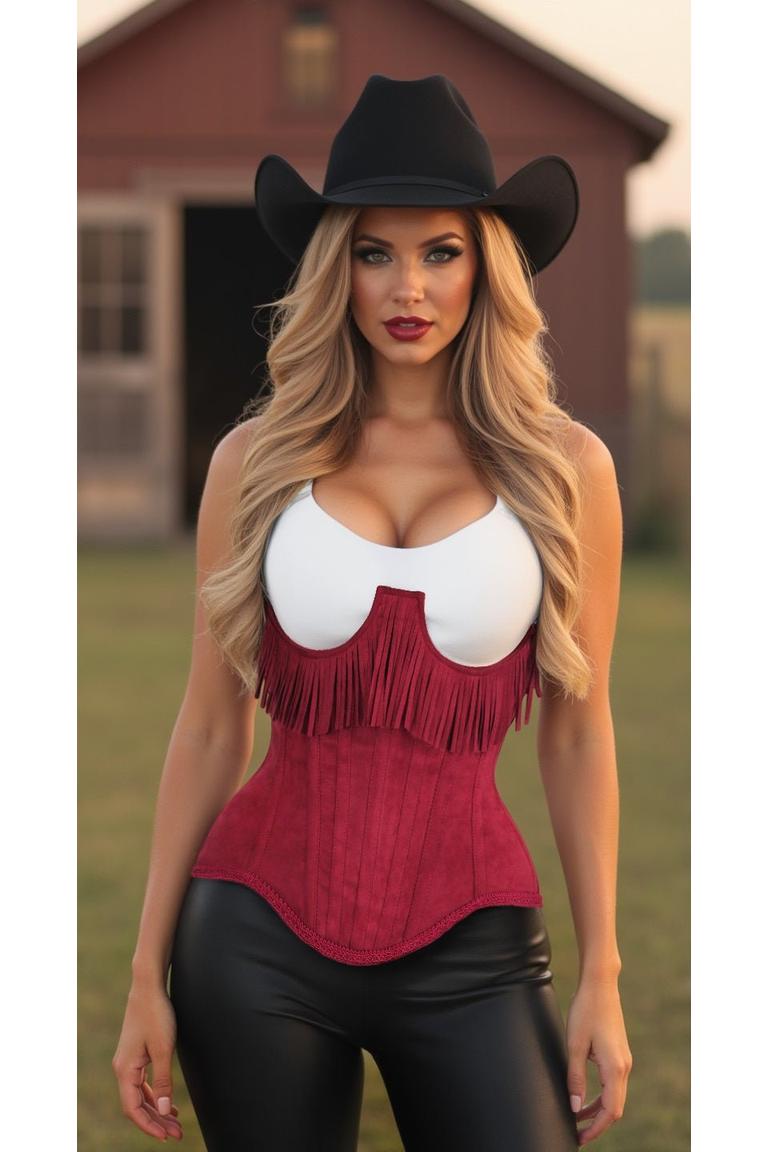 Steel Boned Red Suede Underwire Underbust Corset Cincher with Fringe