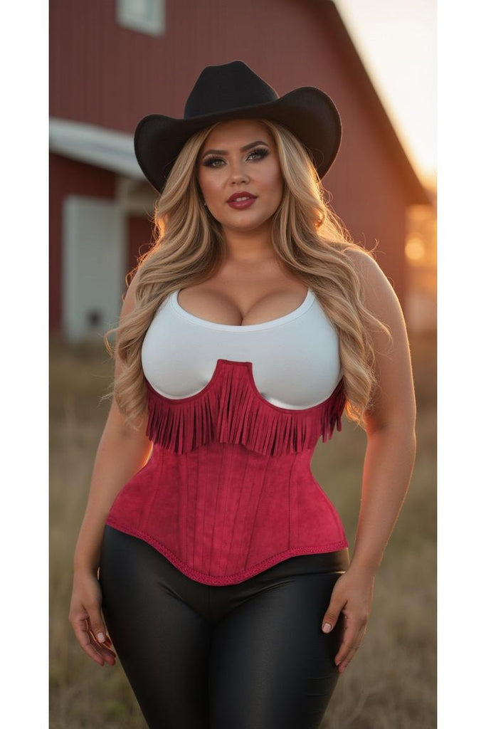 Steel Boned Red Suede Underwire Underbust Corset Cincher with Fringe