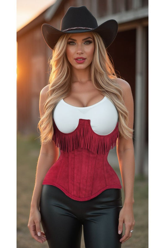 Steel Boned Red Suede Underwire Underbust Corset Cincher with Fringe