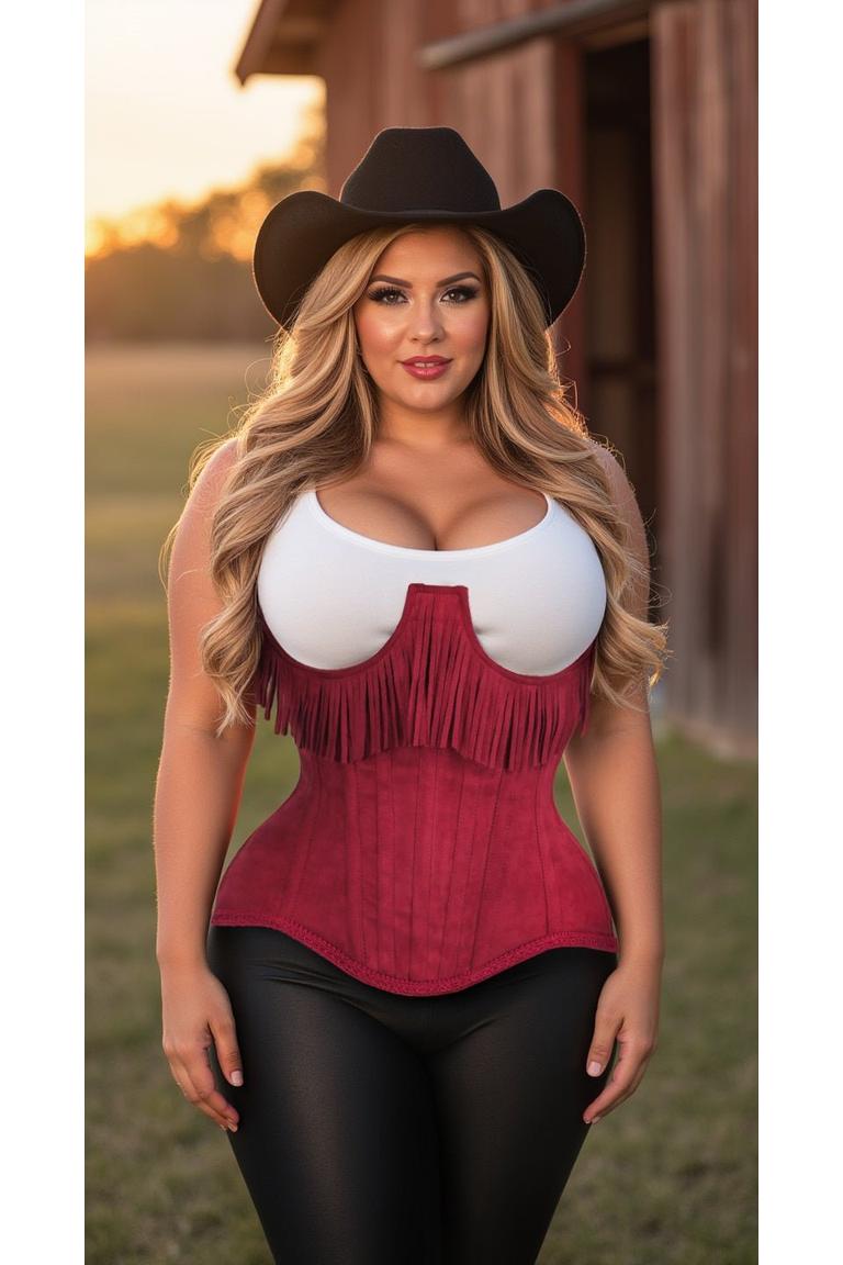 Steel Boned Red Suede Underwire Underbust Corset Cincher with Fringe