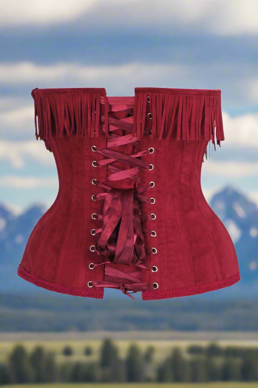 Steel Boned Red Suede Underwire Underbust Corset Cincher with Fringe