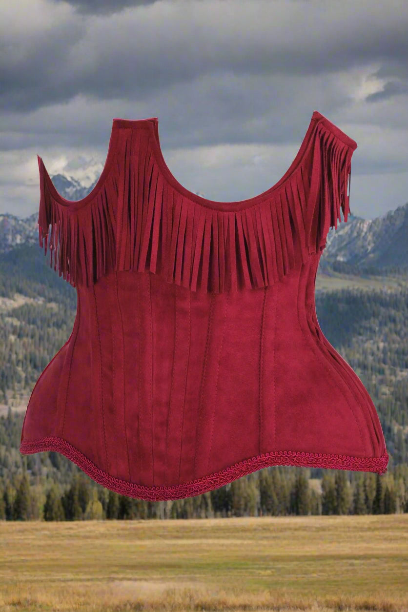 Steel Boned Red Suede Underwire Underbust Corset Cincher with Fringe