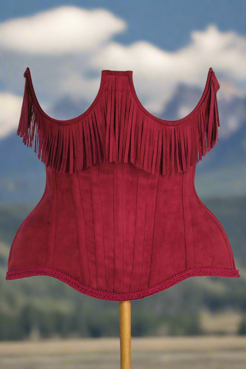 Steel Boned Red Suede Underwire Underbust Corset Cincher with Fringe