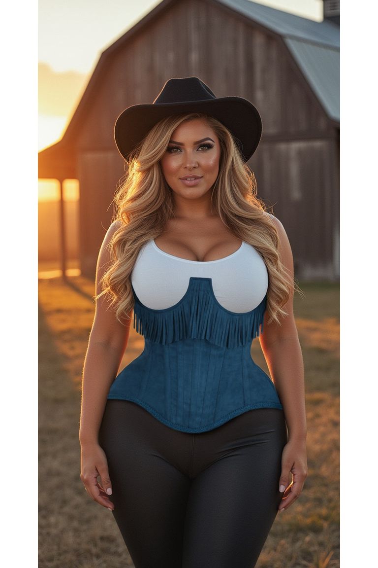 Steel Boned Blue Suede Underwire Underbust Corset Cincher with Fringe