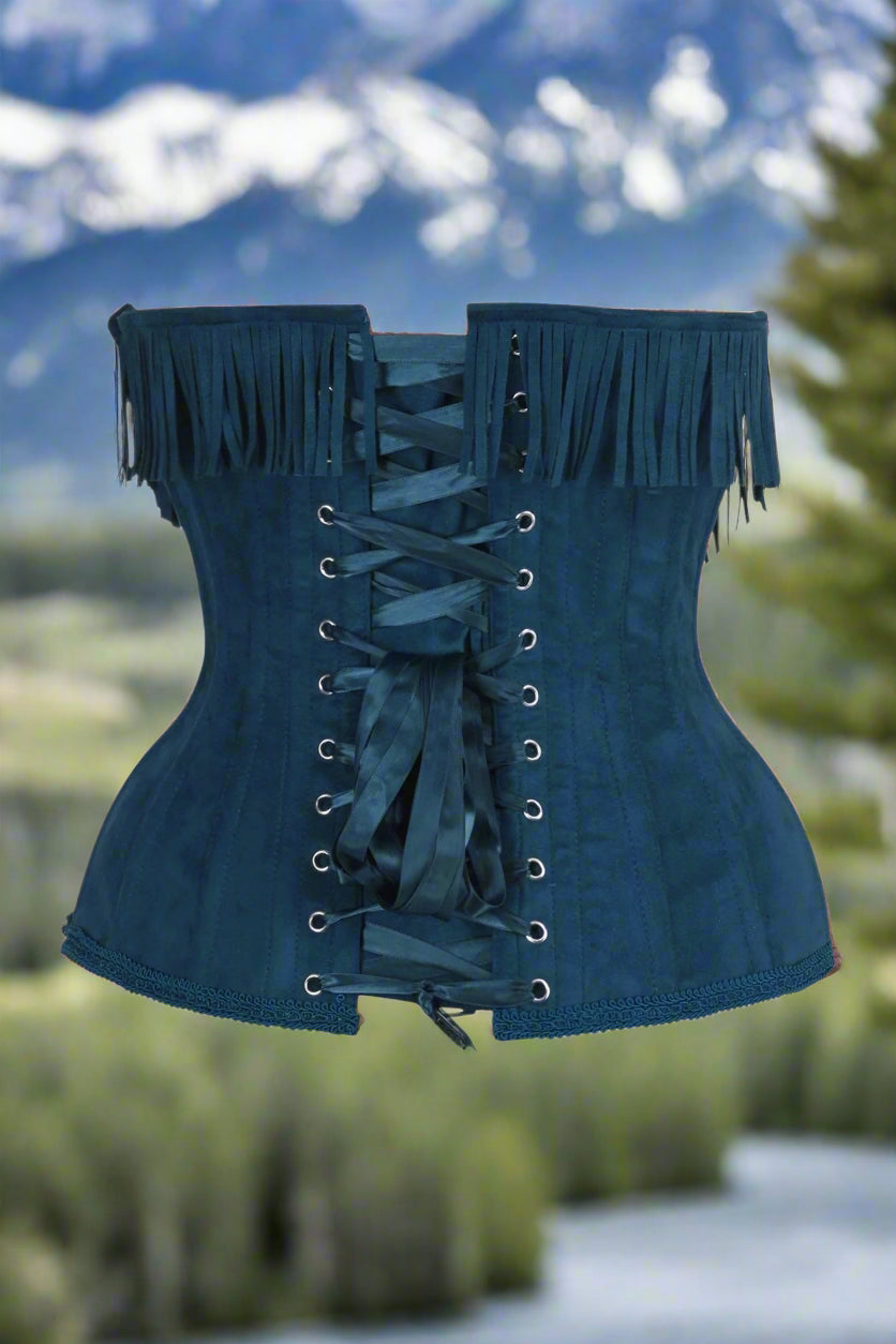 Steel Boned Blue Suede Underwire Underbust Corset Cincher with Fringe