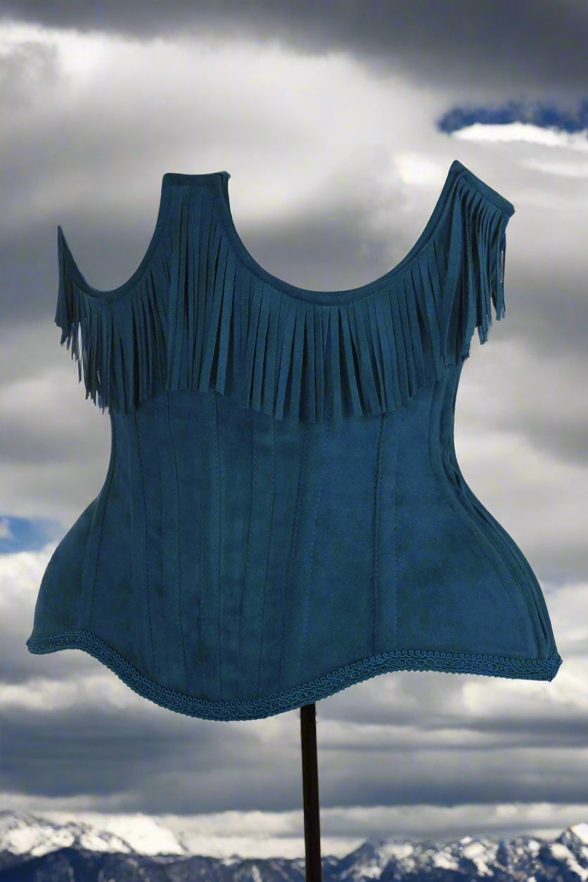 Steel Boned Blue Suede Underwire Underbust Corset Cincher with Fringe