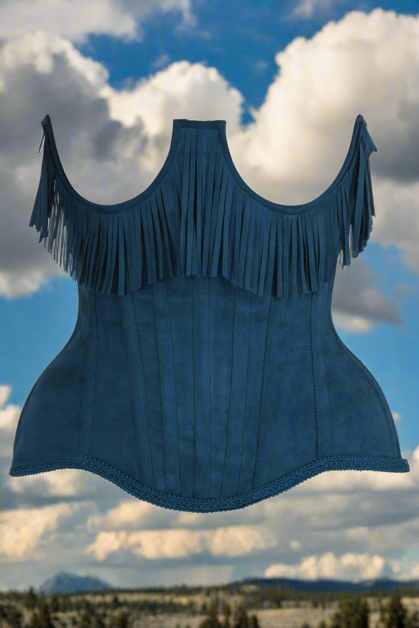 Steel Boned Blue Suede Underwire Underbust Corset Cincher with Fringe