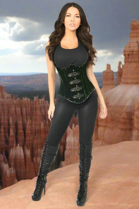 Serafina the Archer Green Velvet Under Bust Corset with Buckles