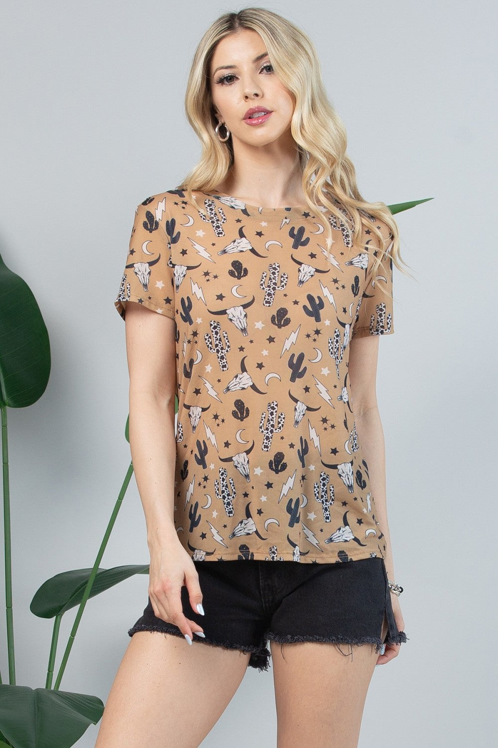 Western Cow Cactus Print Mesh Top by Nylon Apparel in Size S, M, L