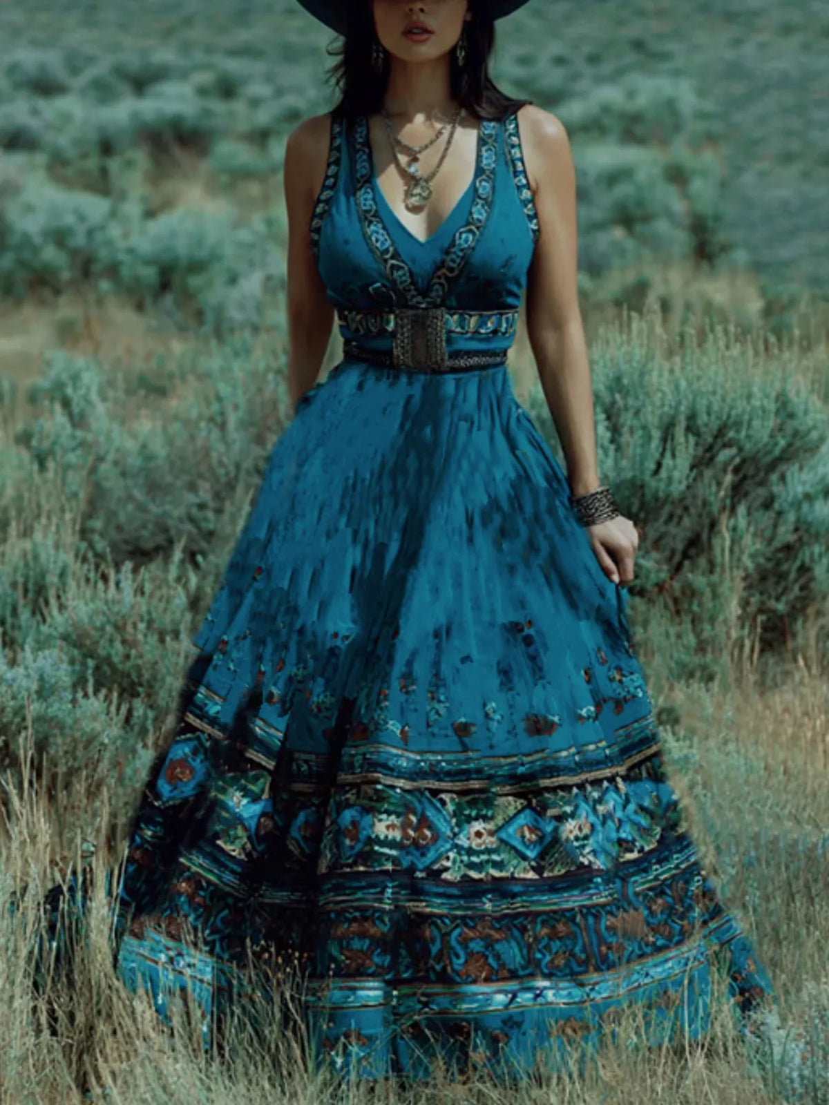 Printed V-Neck Maxi Dress Blue