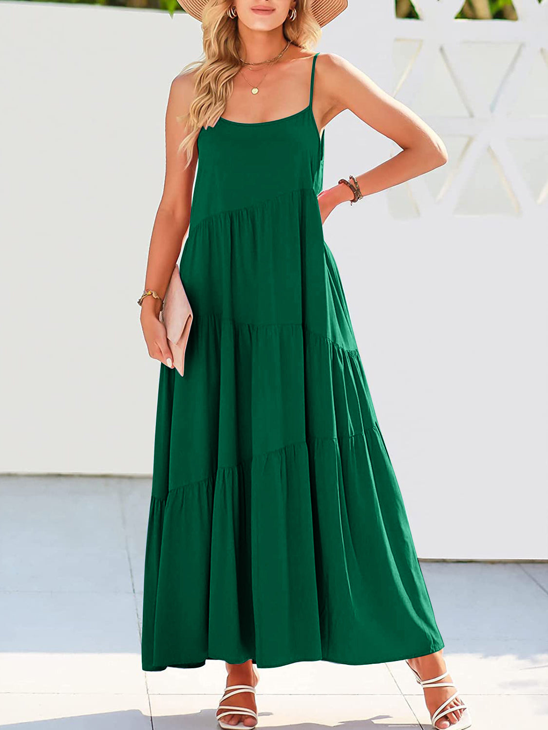 Ruched Tiered Spaghetti Strap Dress Green