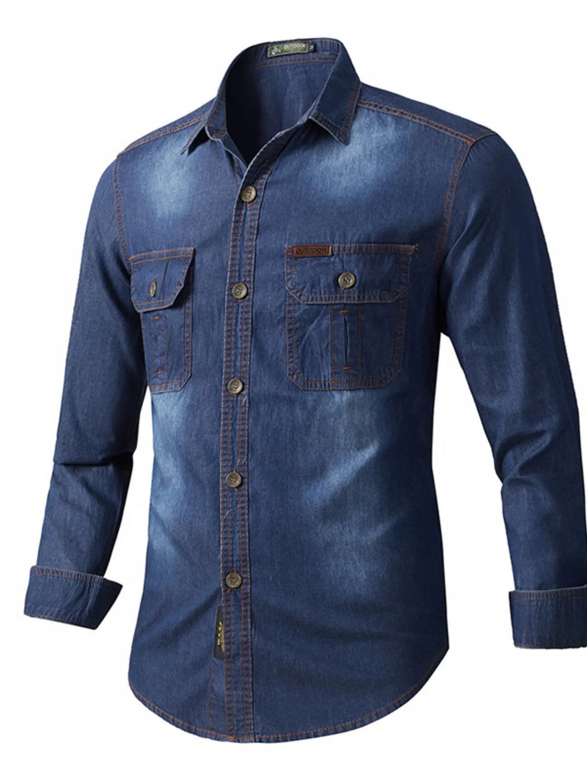 Vintage Wash Long Sleeve Denim Shirt Blue