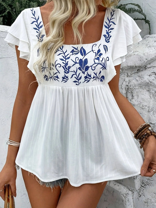 Embroidered Flutter Sleeve Blouse White
