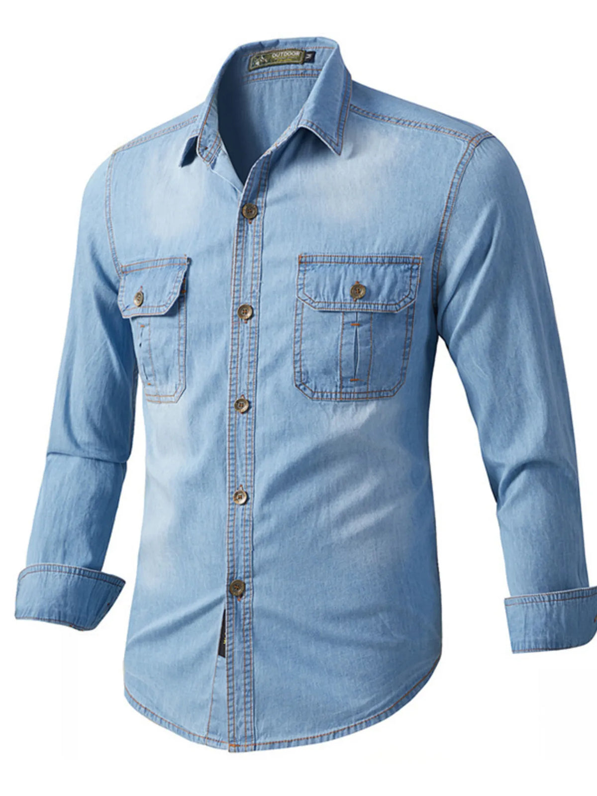 Vintage Wash Long Sleeve Denim Shirt Light Blue
