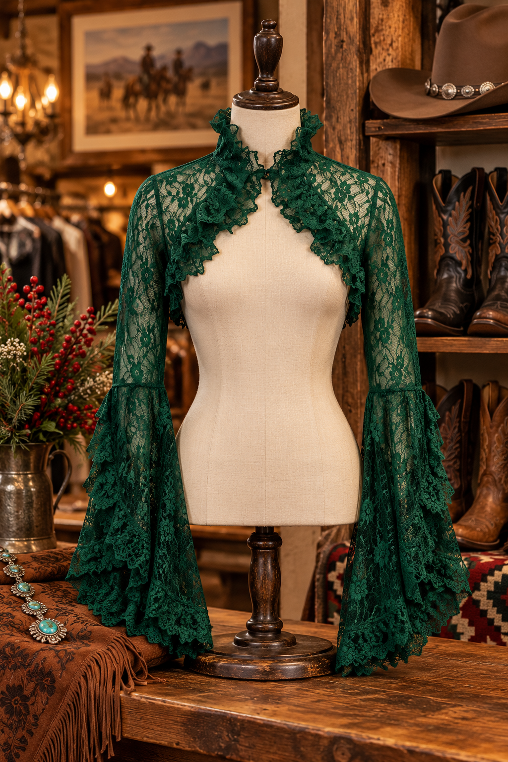 Dark Green Lace Shrug Bolero Jacket