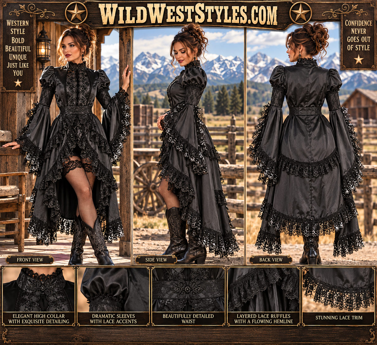 Black Satin and Lace Ruffled Jacket