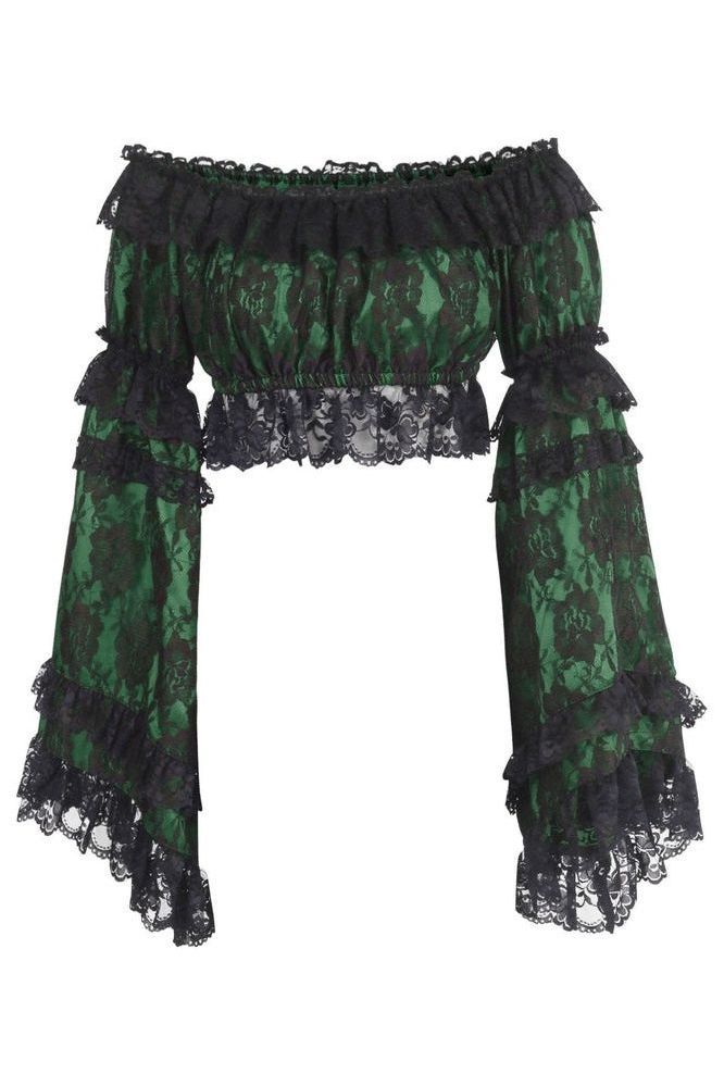 Green/Black Lace Smocked Flare Sleeve Peasant Top