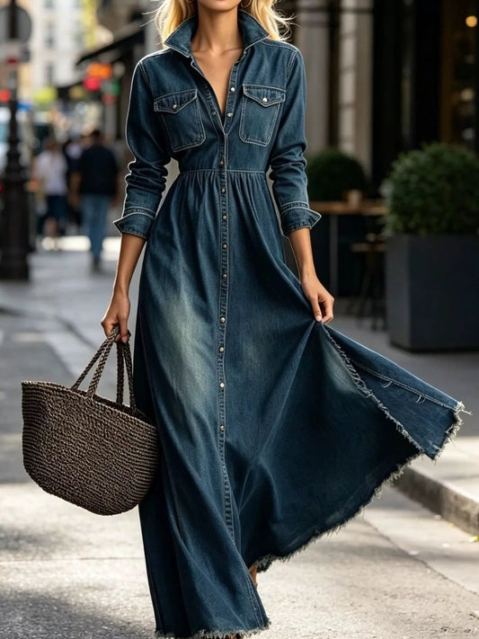 Raw Hem Long Sleeve Denim Maxi Dress Dark Blue