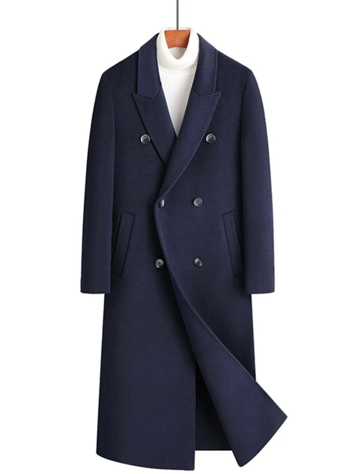 Men's Plus Size Double-Breasted Long Wool Coat Navy Blue