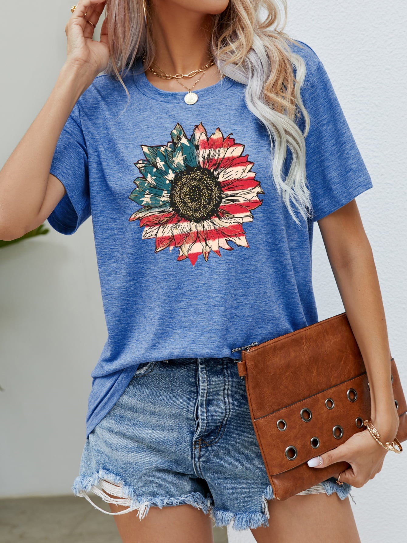 US Flag Flower Graphic Tee in Size S, M, L, XL Cobalt Blue