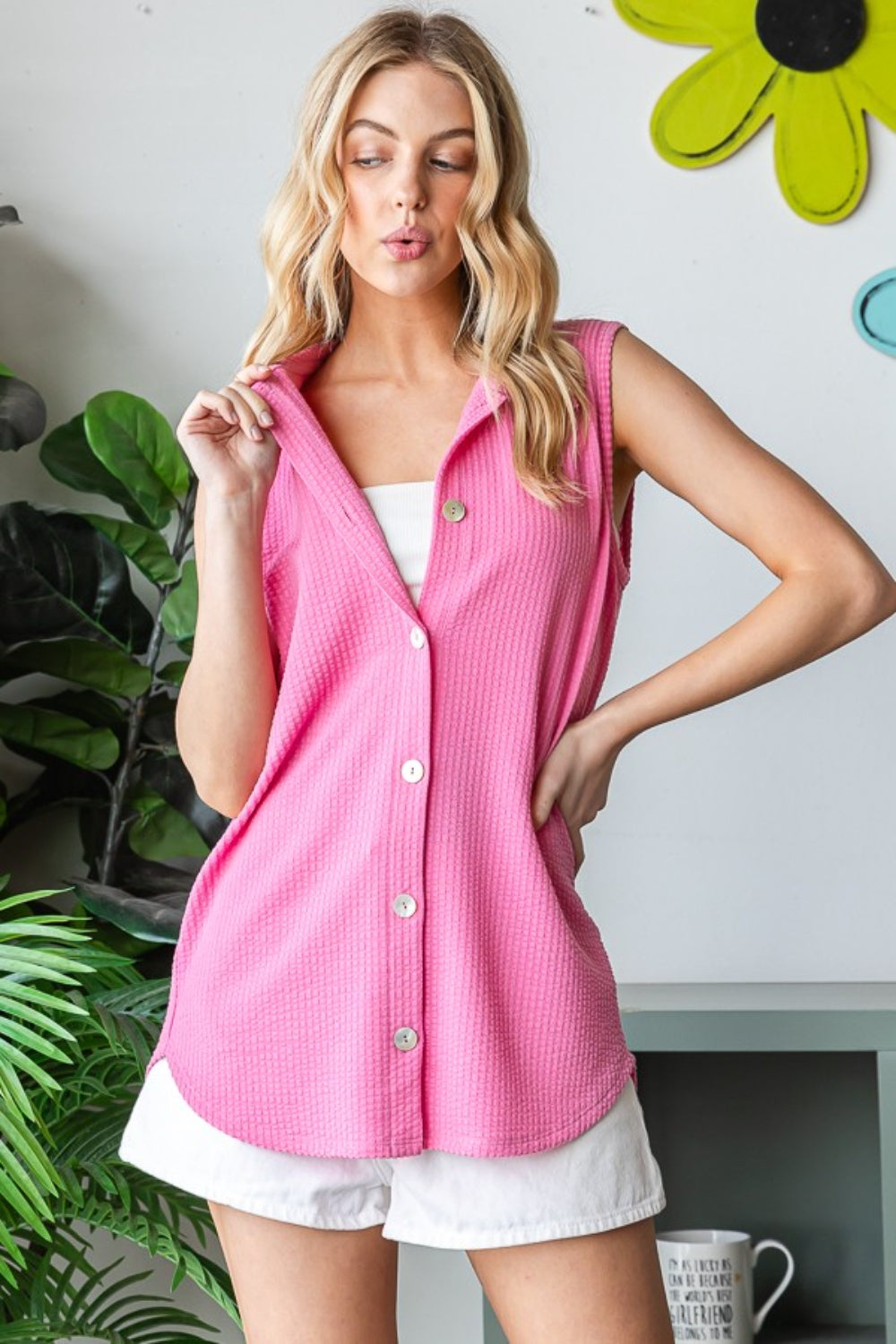 Button Up Sleeveless Pink Top Pink