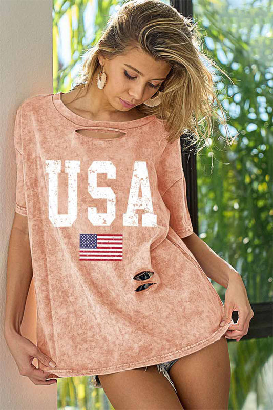 BiBi Washed American Flag Graphic Distressed T-Shirt in Size S, M, L, XL Dusty Pink