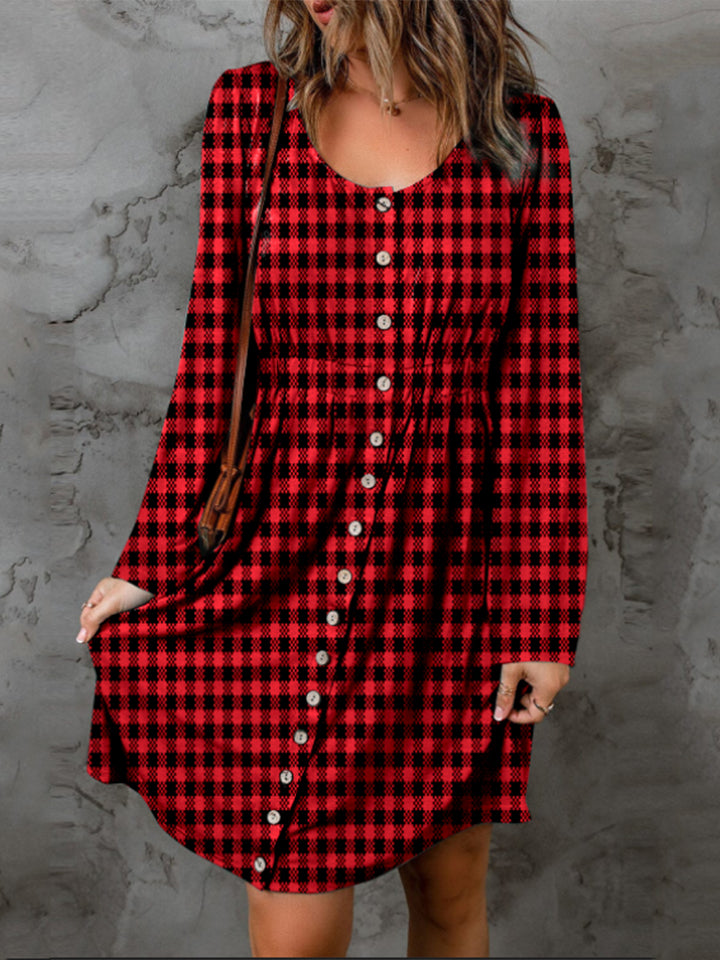 Plaid Round Neck Long Sleeve Magic Dress Deep Red