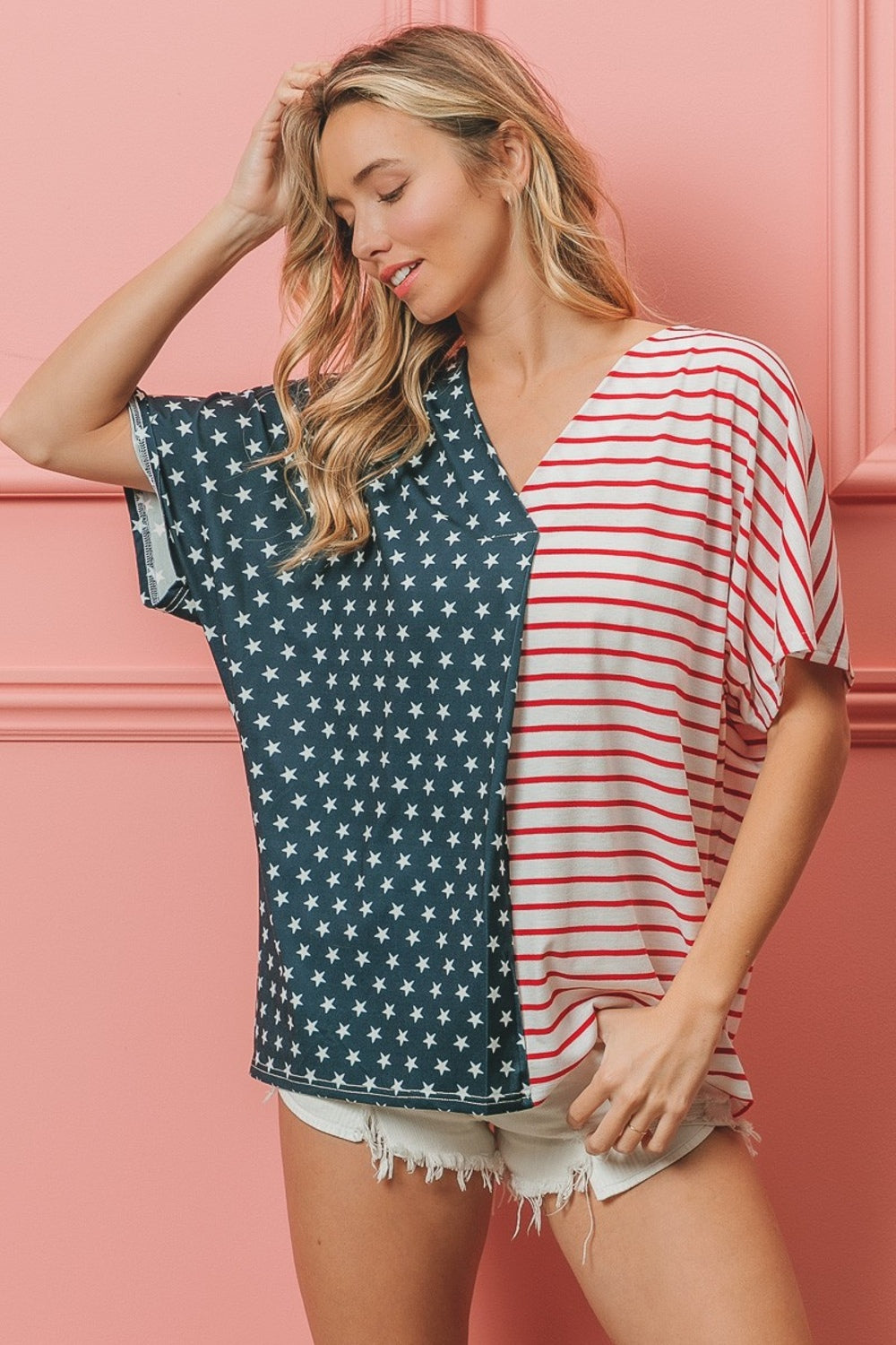 BiBi US Flag Themed Color Block Short Sleeve T-Shirt in Size S, M, L, XL