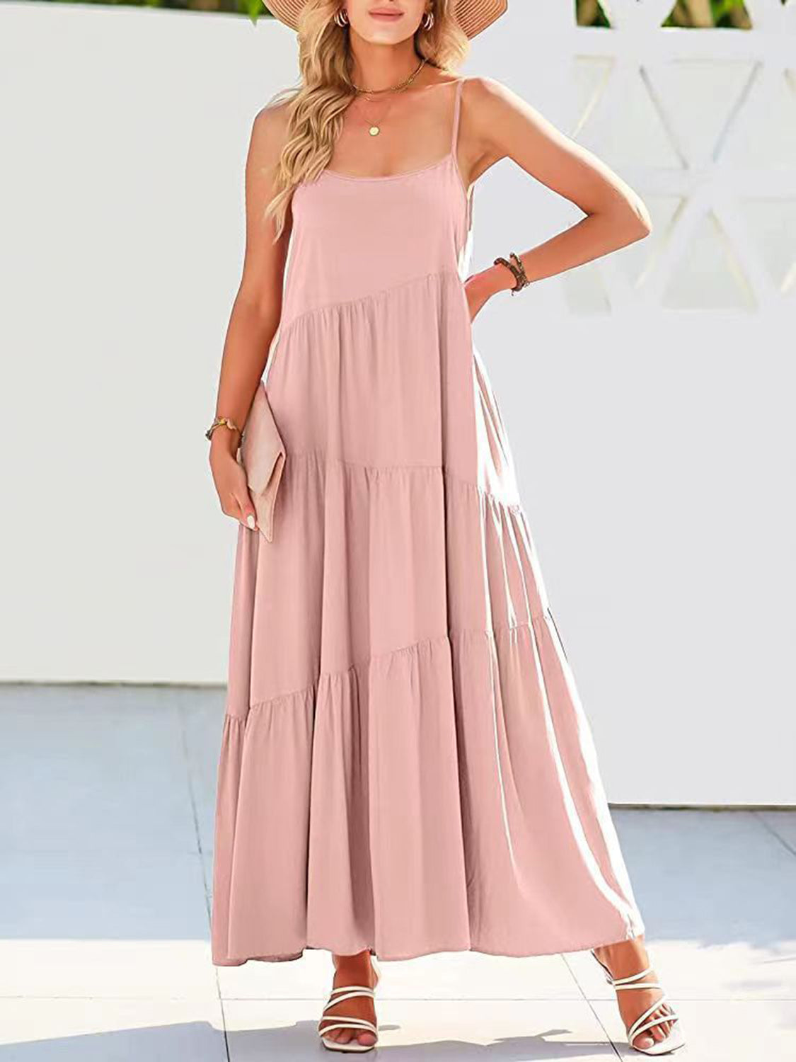 Ruched Tiered Spaghetti Strap Dress Blush Pink