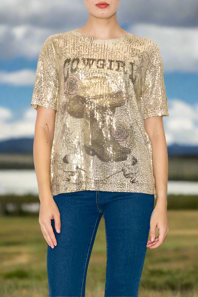 Sequin Short Sleeve Cowgirl Top by Origami in Size S, M, L, XL, or 2XL