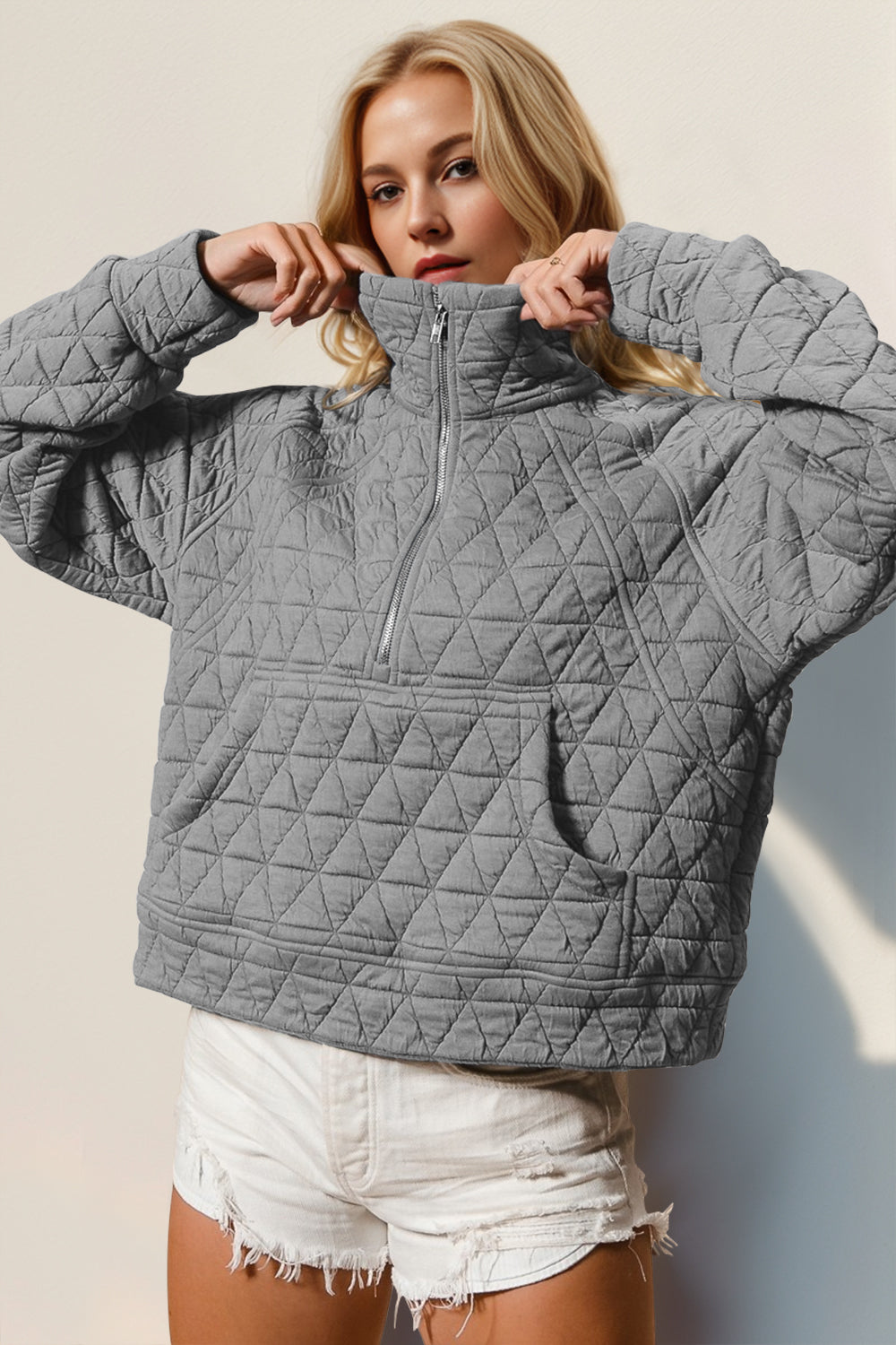 Half Zip Quilted Sweatshirt with Pockets Gray