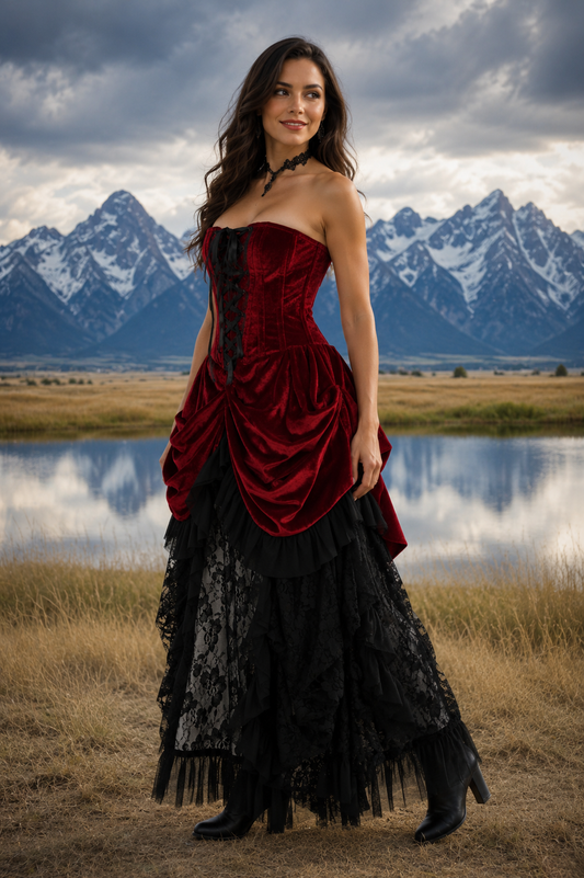 Dark Red Velvet Victorian Bustle Under Bust Corset Dress