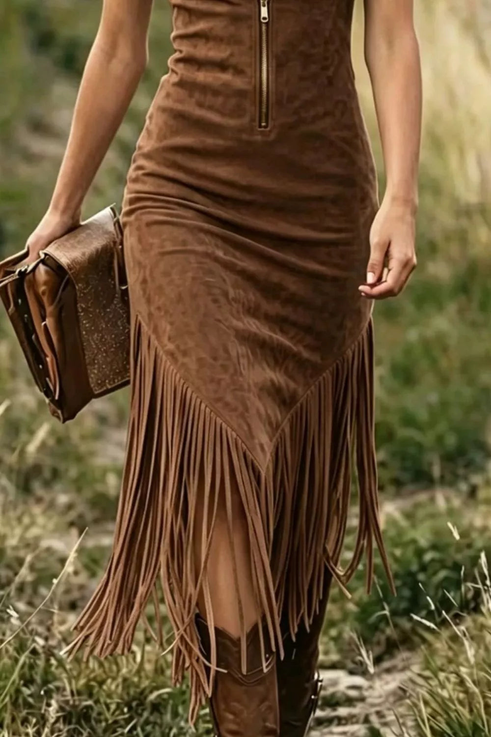 Fringe Zip Front Sleeveless Dress
