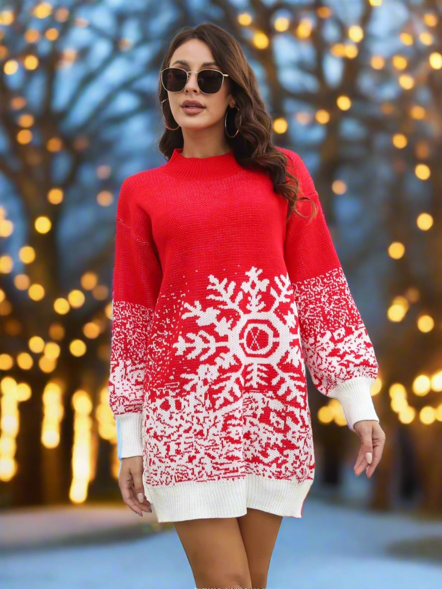 Snowflake Pattern Sweater Dress Red