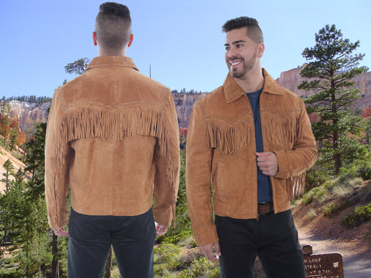 Boar Suede Fringe Jacket for Men by Scully in Color Bourbon in Size S, M, L, XL, 2XL, 3XL, 4XL