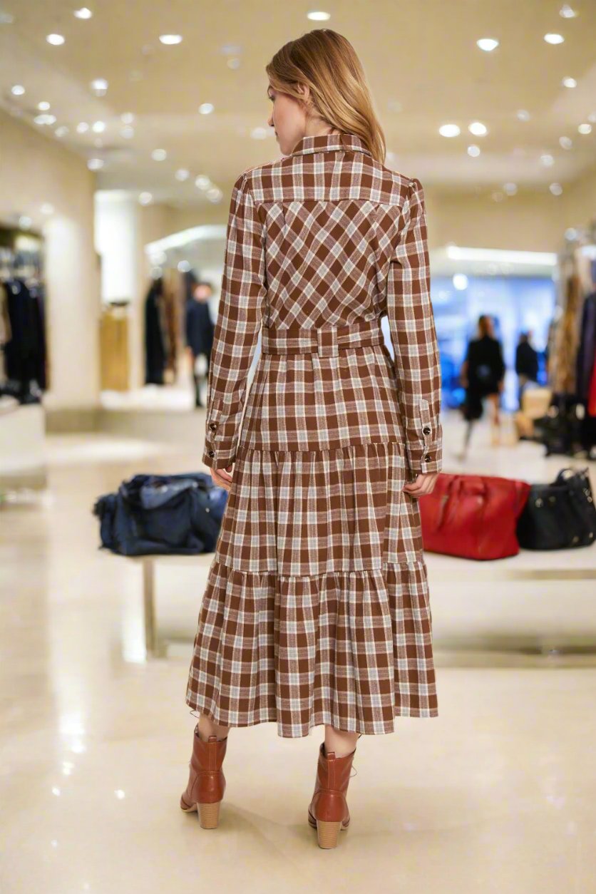 Plaid Tiered Midi Shirt Dress