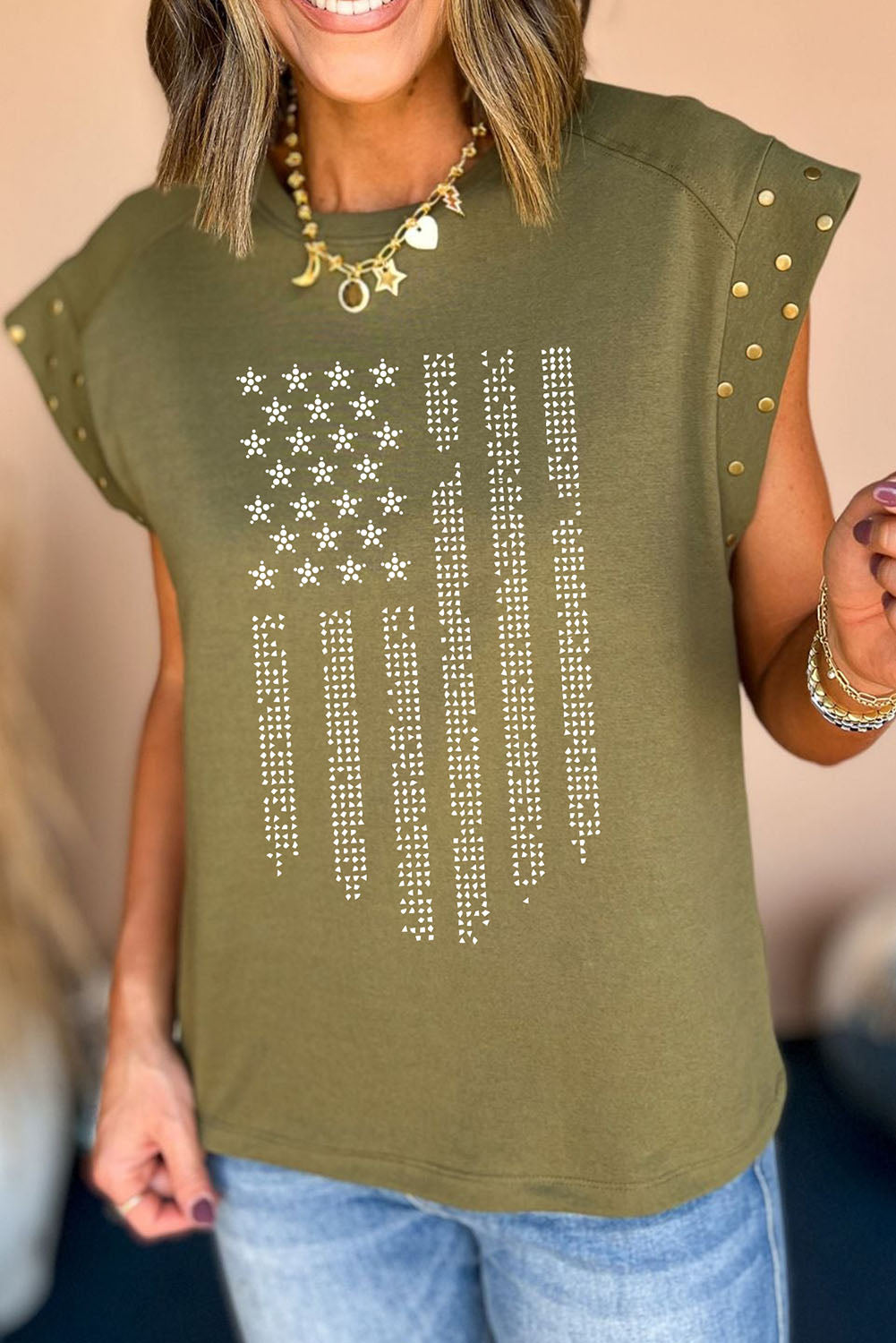 Rhinestone US Flag Round Neck Cap Sleeve T-Shirt in Size S, M, L, XL Moss