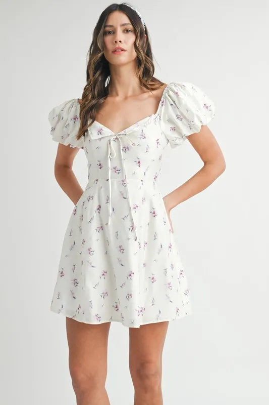 MABLE Floral Print Puff Sleeve Mini Dress OFF WHITE