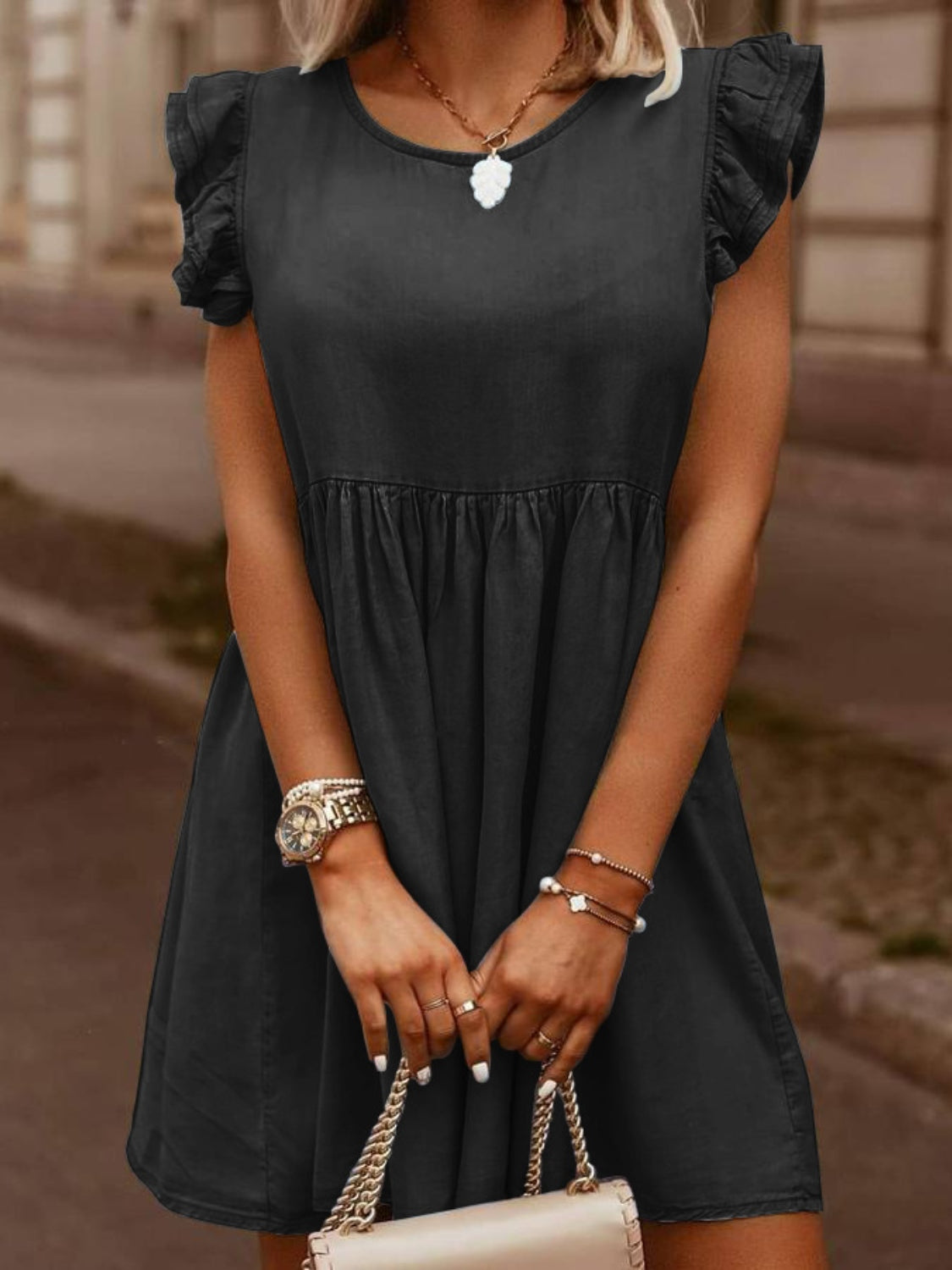 Ruffled Round Neck Cap Sleeve Denim Dress Charcoal