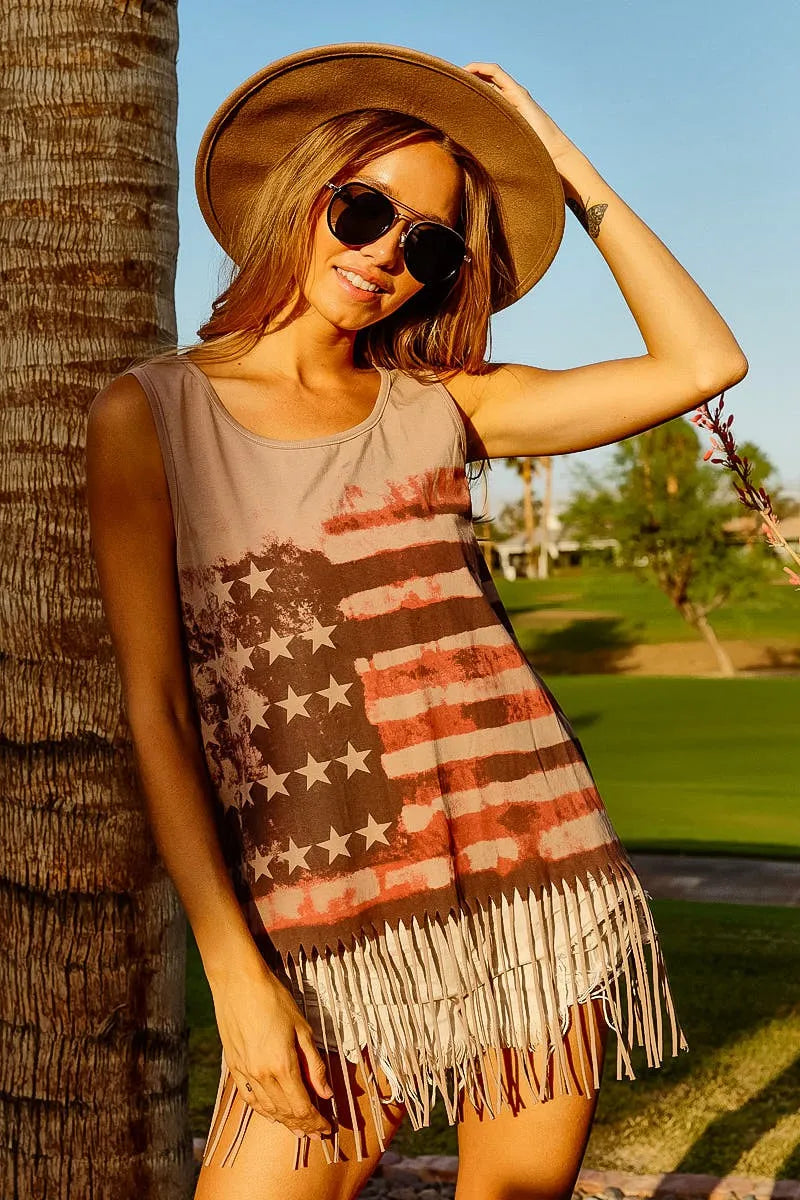 BiBi American Flag Print Knit Sleeveless Top TERRACOTTA