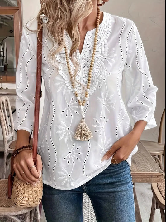 Eyelet Embroidered Notched Blouse White