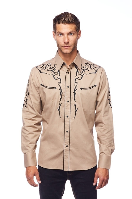 Gold Buckle Cowboy Embroidered Tan Shirt by Rodeo Clothing in Size M, L, XL, or XXL