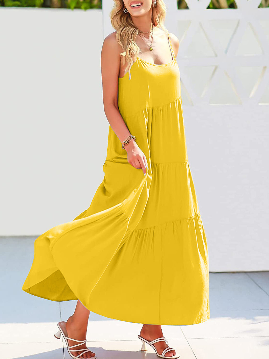 Ruched Tiered Spaghetti Strap Dress True Yellow