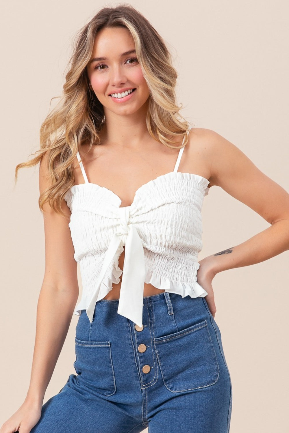 BiBi Ruffled Smocked Ribbon Cami in Size S, M, L, XL