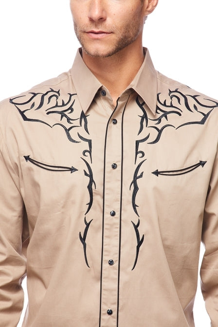 Gold Buckle Cowboy Embroidered Tan Shirt by Rodeo Clothing in Size M, L, XL, or XXL