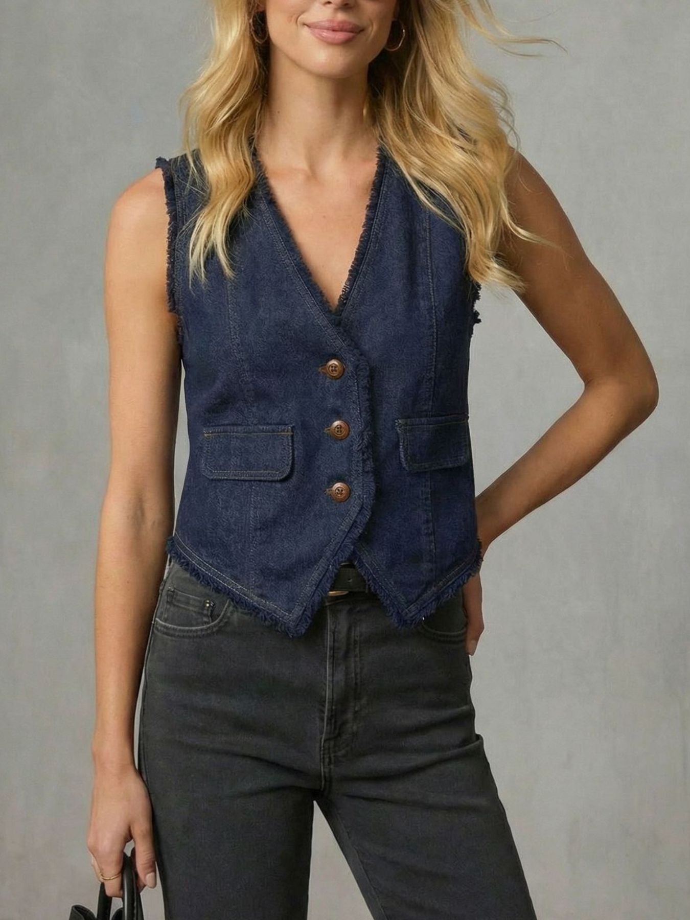 Frayed Hem Denim Vest Dark Navy