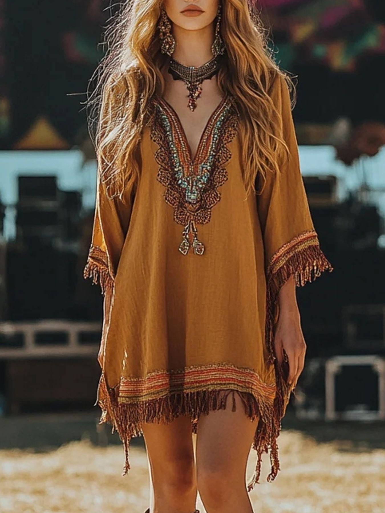 Fringe Hem 3/4 Sleeve Mini Dress Ochre