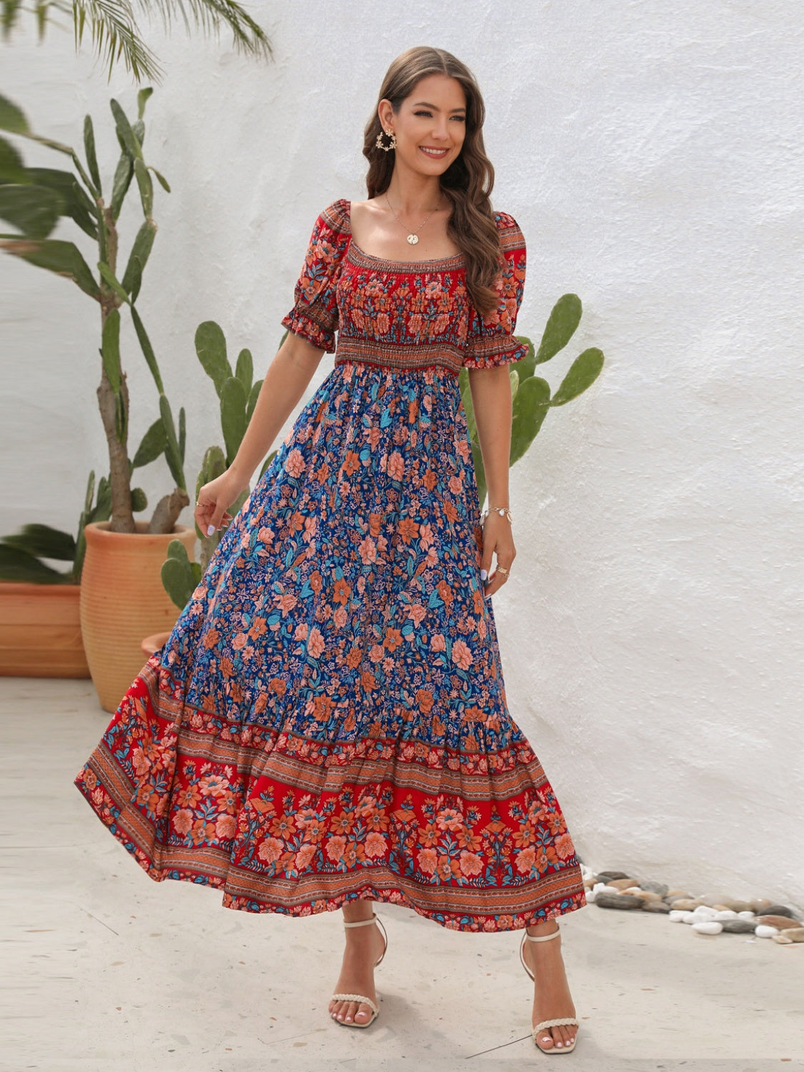 Vaquera Bonita Floral Flounce Sleeve Dress in 5 Color Choices in Size S, M, L, XL, or 2XL