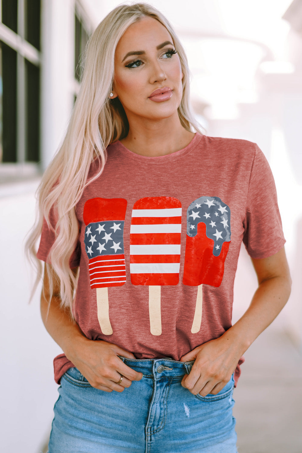 Lick 'Em US Flag Round Neck Short Sleeve T-Shirt in Size S, M, L, XL Burnt Coral