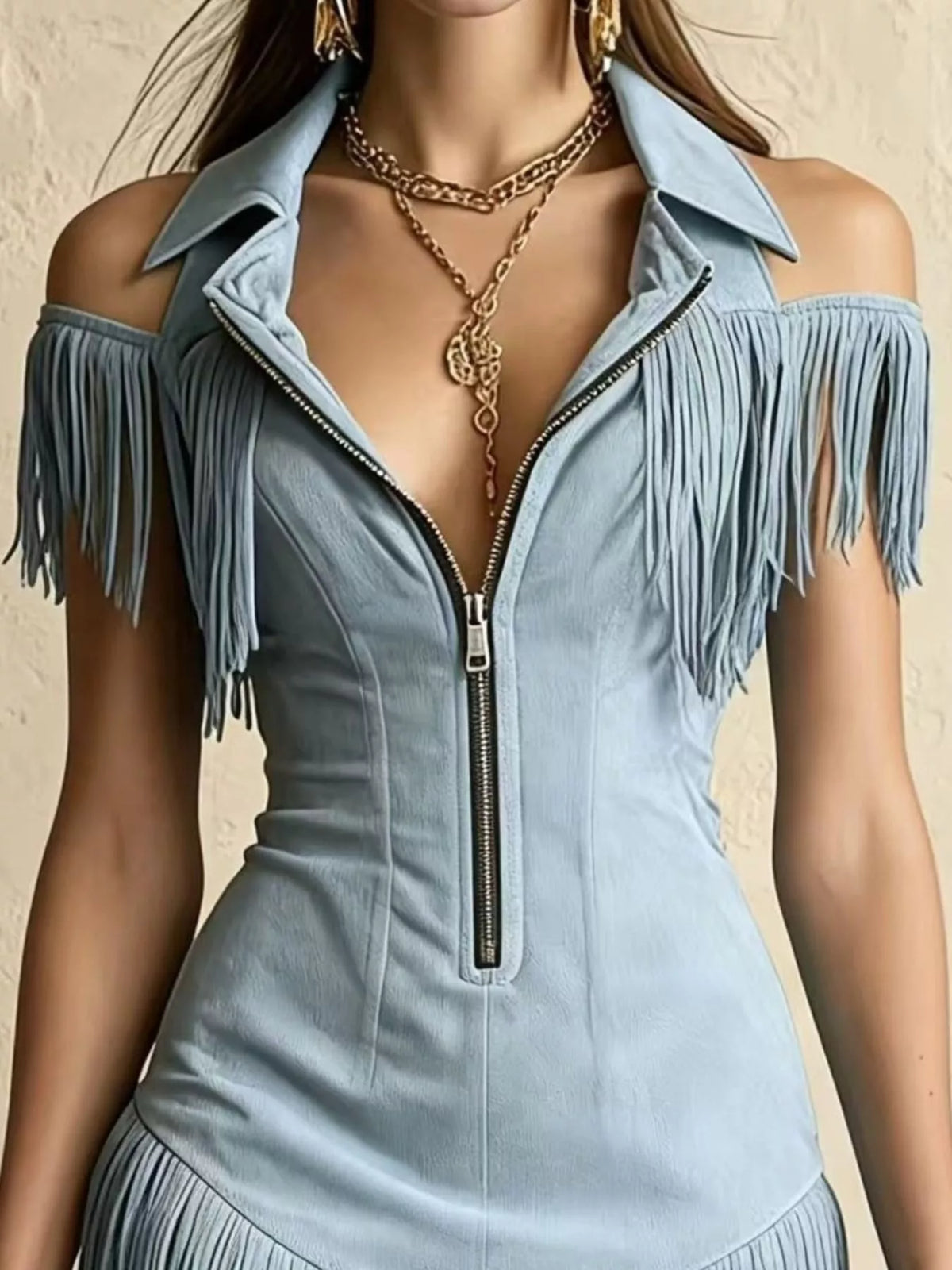 Cold Shoulder Mini Dress with Fringe
